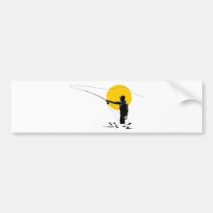 Fly fisherman casting reel with fishing lure bait bumper sticker