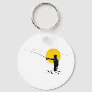 Fly fisherman casting reel with fishing lure bait keychain