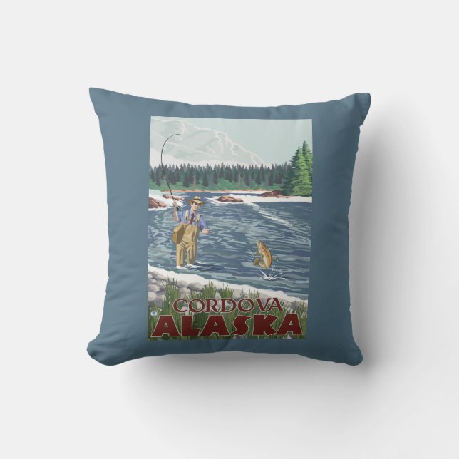 Fly Fisherman - Cordova, Alaska Throw Pillow (Front)