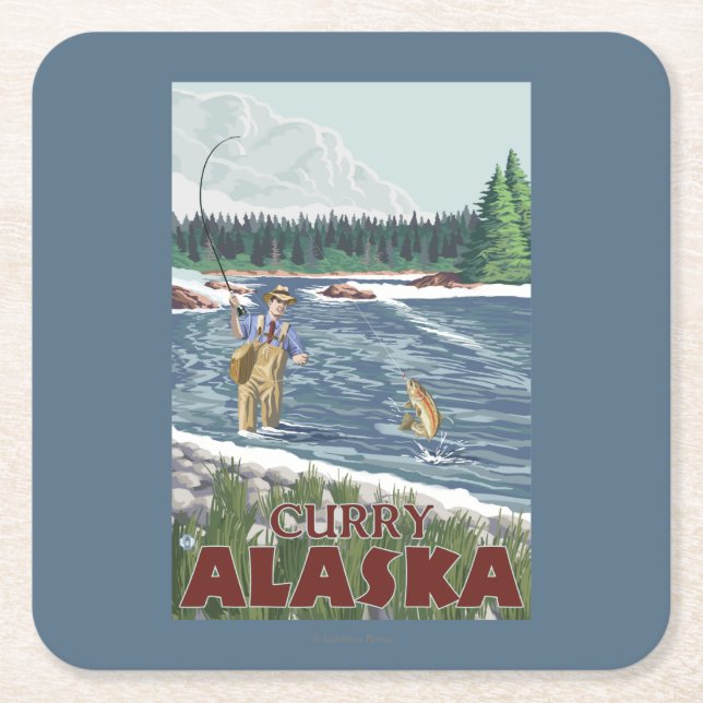Fly Fisherman - Curry, Alaska Square Paper Coaster (Front)