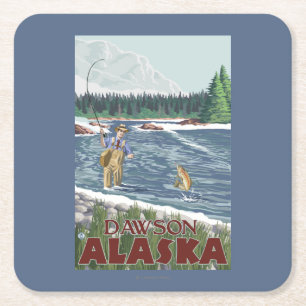 Fly Fisherman - Dawson, Alaska Square Paper Coaster