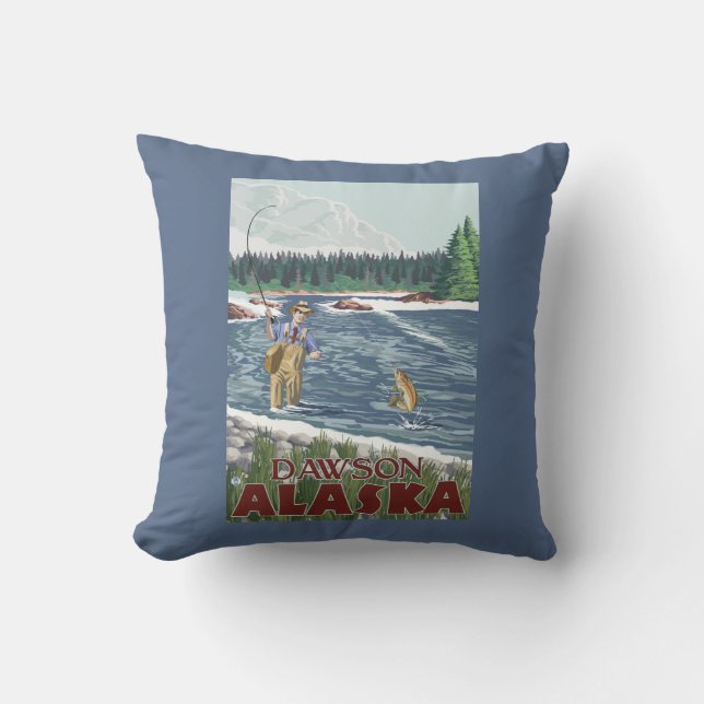 Fly Fisherman - Dawson, Alaska Throw Pillow (Front)