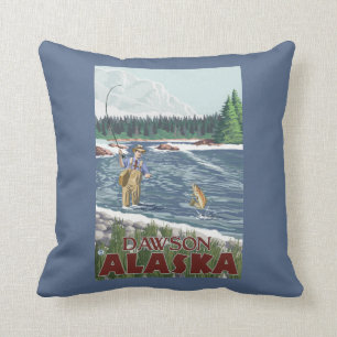 Fly Fisherman - Dawson, Alaska Throw Pillow