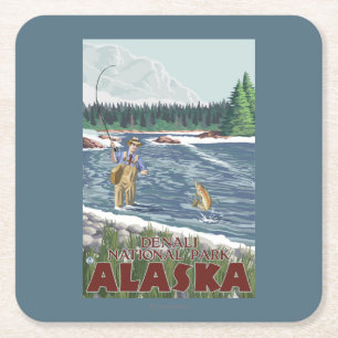 Fly Fisherman - Denali National Park, Alaska Square Paper Coaster