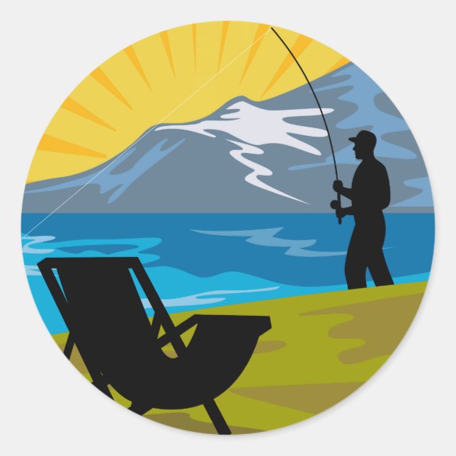 Fly fisherman fishing lake mountains chair classic round sticker (Front)