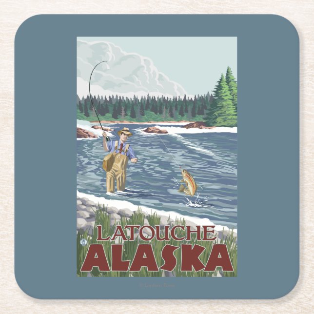 Fly Fisherman - Latouche, Alaska Square Paper Coaster (Front)