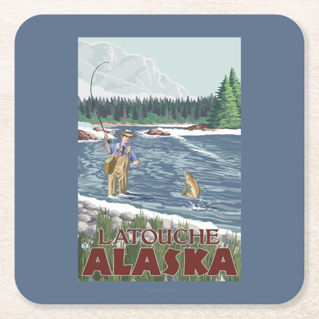 Fly Fisherman - Latouche, Alaska Square Paper Coaster (Front)