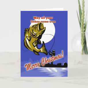 Fly Fisherman on boat catching largemouth bass Holiday Card