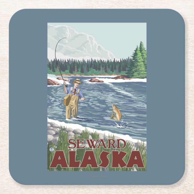 Fly Fisherman - Seward, Alaska Square Paper Coaster (Front)