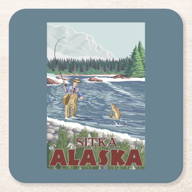 Fly Fisherman - Sitka, Alaska Square Paper Coaster (Front)