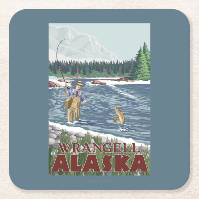 Fly Fisherman - Wrangell, Alaska Square Paper Coaster (Front)