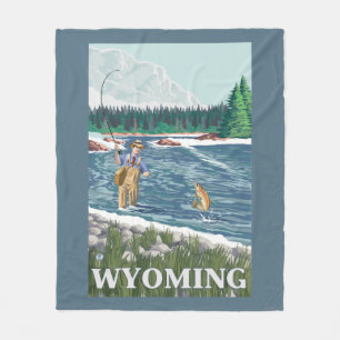 Fly FishermanWyomingVintage Travel Poster Fleece Blanket