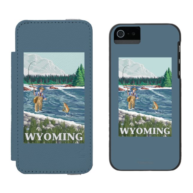 Fly FishermanWyomingVintage Travel Poster Incipio iPhone Wallet Case (Side by Side)