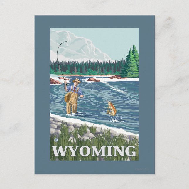 Fly FishermanWyomingVintage Travel Poster Postcard (Front)