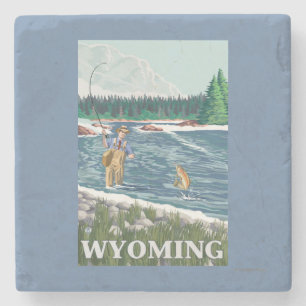 Fly FishermanWyomingVintage Travel Poster Stone Coaster