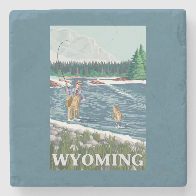 Fly FishermanWyomingVintage Travel Poster Stone Coaster (Front)