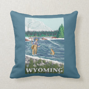 Fly FishermanWyomingVintage Travel Poster Throw Pillow