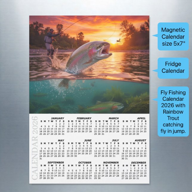 Fly Fishing 2026 Fridge Calendar, Trout / Fish (Fly Fishing Calendar 2026 / Rainbow Trout / Magnetic Fridge)
