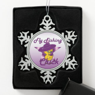 Fly Fishing Chick #9 Snowflake Pewter Christmas Ornament