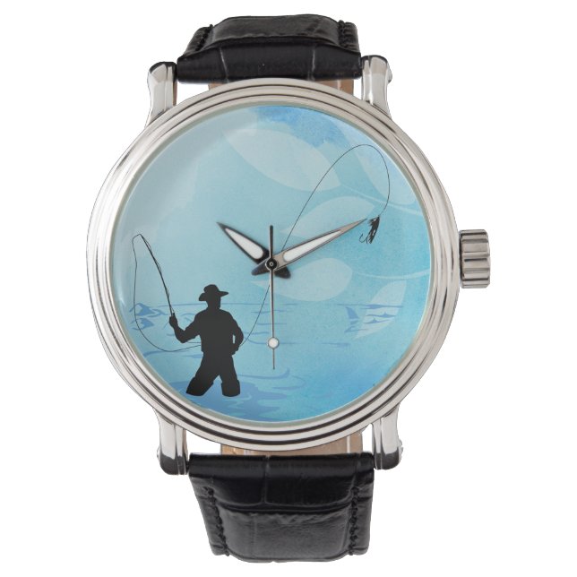Fly Fishing Fisherman Black Vintage Leather Watch (Front)