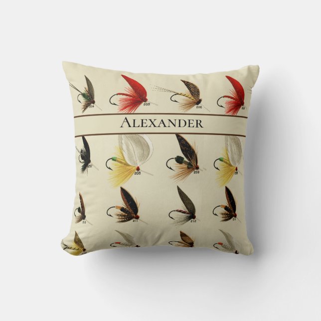 Fly Fishing Flies  Rustic Watercolor masculine Throw Pillow (Front)