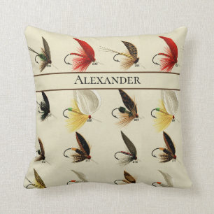 Fly Fishing Flies Rustic Watercolor masculine Throw Pillow
