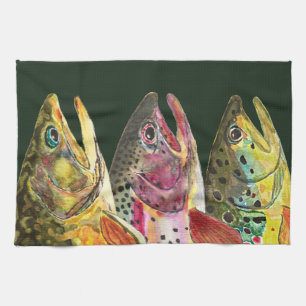 Fly Fishing for Three Big Fat Trout Kitchen Towel
