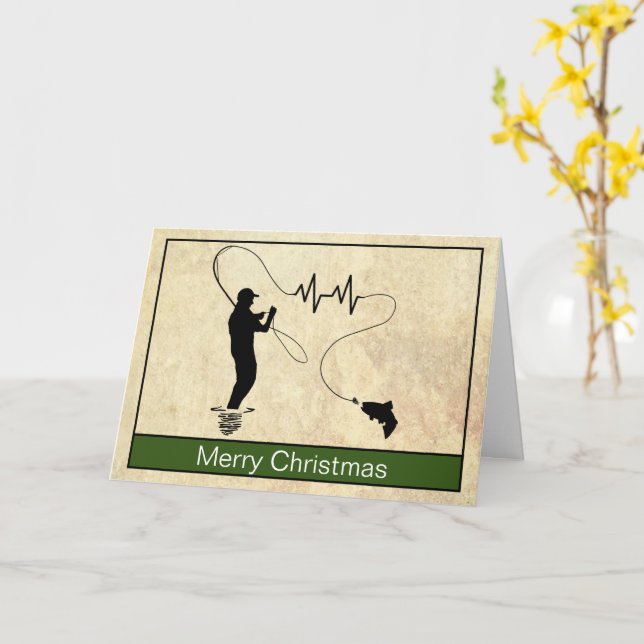 Fly Fishing Heartbeat Man Merry Christmas Card (Yellow Flower)