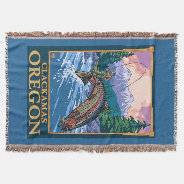 Fly Fishing Scene - Clackamas, Oregon Throw Blanket (Front)