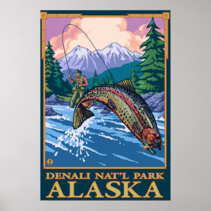 Fly Fishing Scene - Denali National Park, Alaska Poster