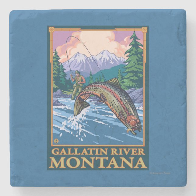 Fly Fishing Scene - Gallatin River, Montana Stone Coaster (Front)
