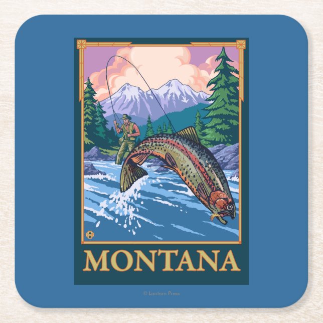 Fly Fishing Scene - Montana Square Paper Coaster (Front)