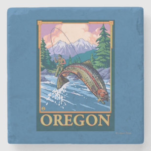 Fly Fishing Scene- Vintage Travel Poster Stone Coaster