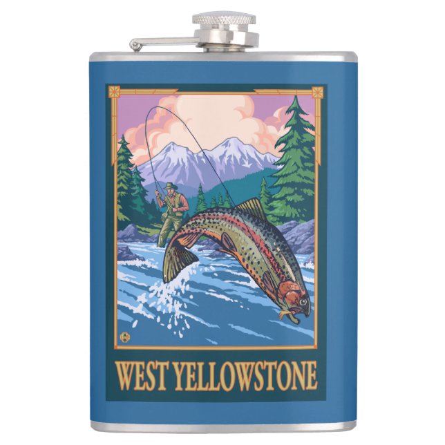 Fly Fishing Scene - West Yellowstone Hip Flask (Front)