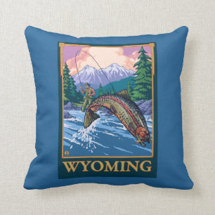 Fly Fishing Scene - Wyoming Throw Pillow