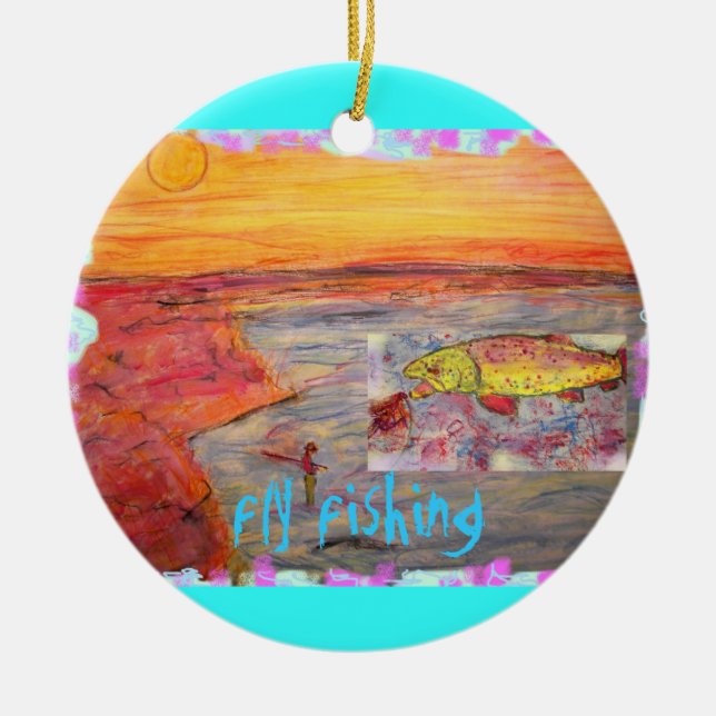 fly fishing sunset design ceramic ornament (Front)