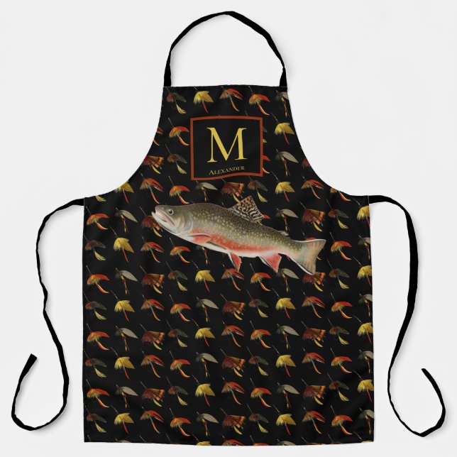 Fly Fishing Trout Fisherman Fly Black Watercolor  Apron (Front)