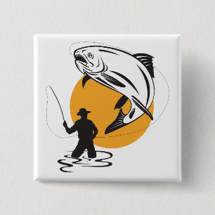Fly Fishing Trout Sunset Silhouette 2 Inch Square Button