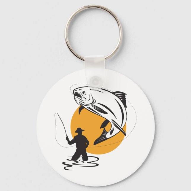 Fly Fishing Trout Sunset Silhouette Keychain (Front)