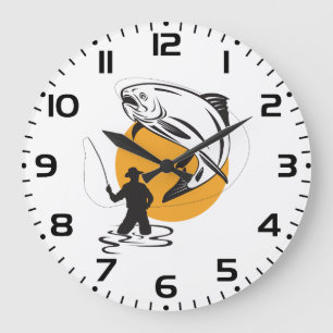 Fly Fishing Trout Sunset Silhouette Large Clock