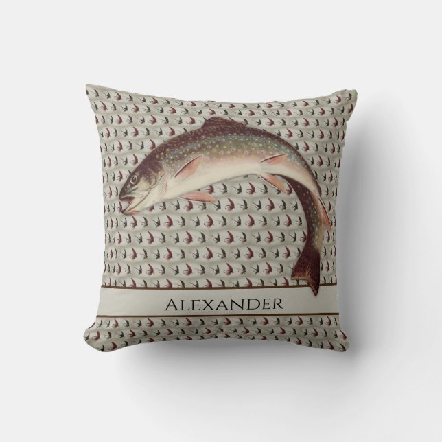 Fly Fishing Vintage Flies Rainbow Trout  Throw Pillow (Front)