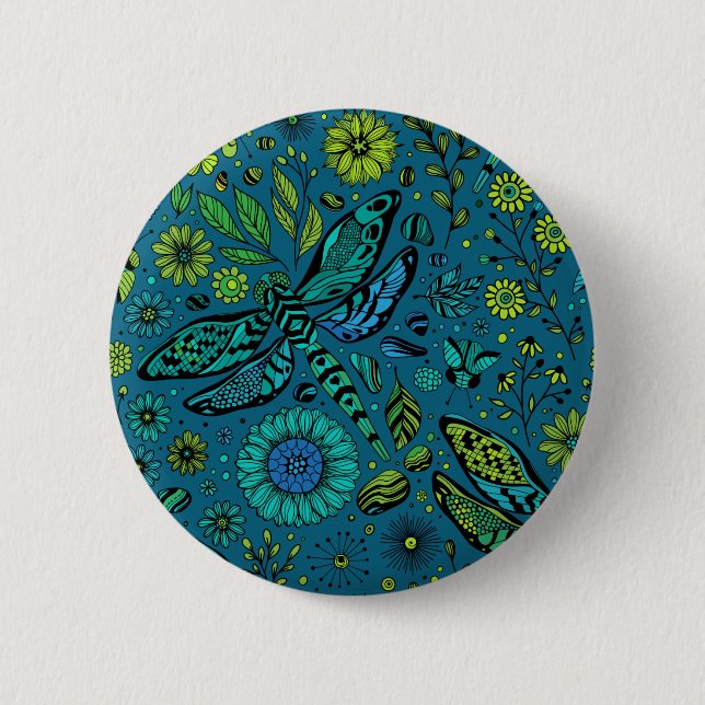 Fly, fly dragonfly on blue 2 inch round button (Front)