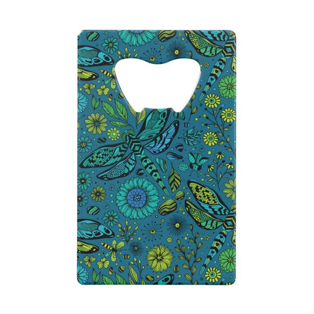Fly, fly dragonfly on blue credit card bottle opener (Front)