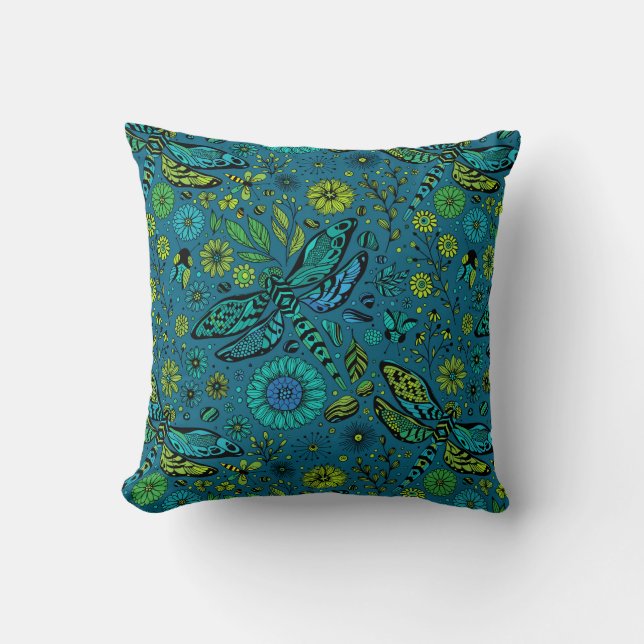 Fly, fly dragonfly on blue throw pillow (Front)