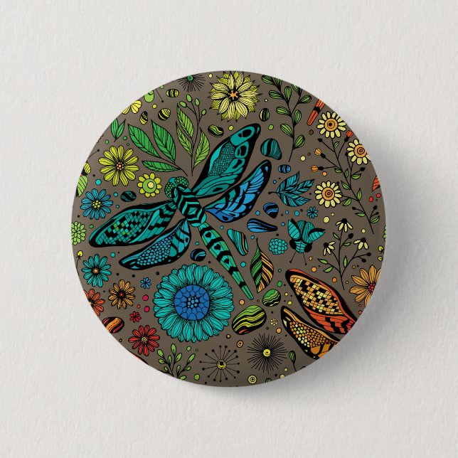 Fly, fly dragonfly on brown 2 inch round button (Front)