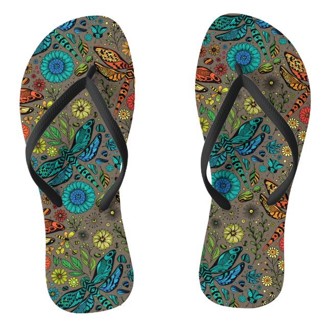 Fly, fly dragonfly on brown flip flops (Footbed)