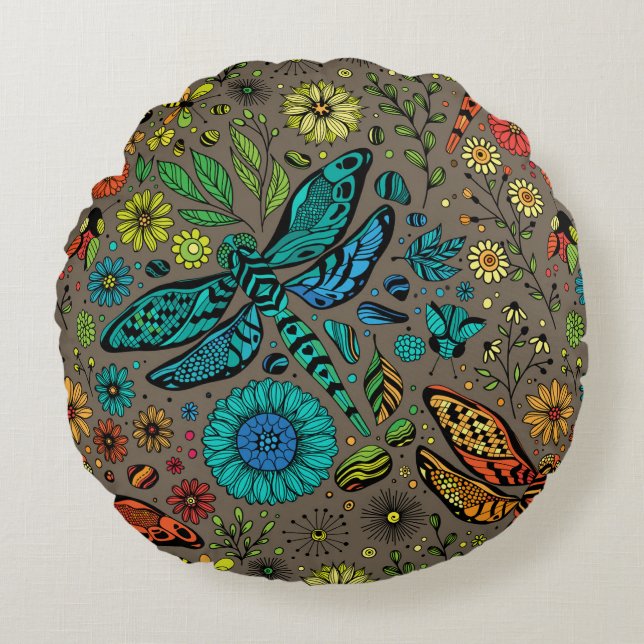 Fly, fly dragonfly on brown round pillow (Front)