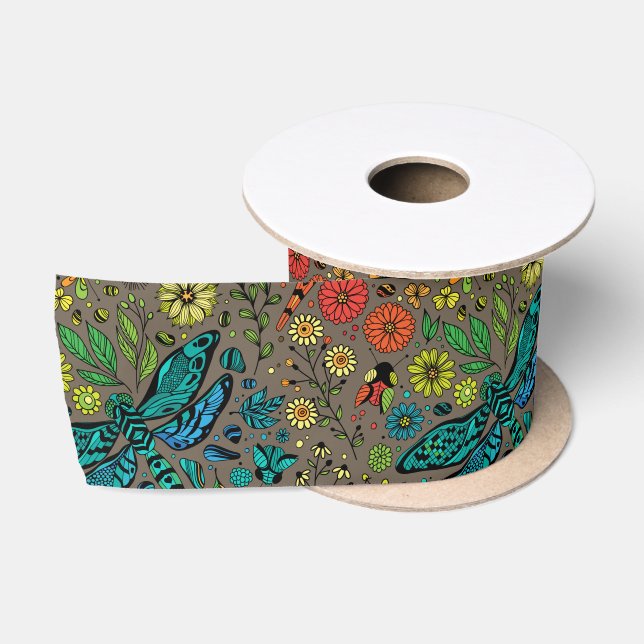 Fly, fly dragonfly on brown satin ribbon (Spool)