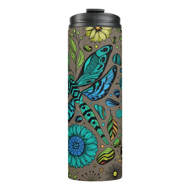Fly, fly dragonfly on brown thermal tumbler (Front)