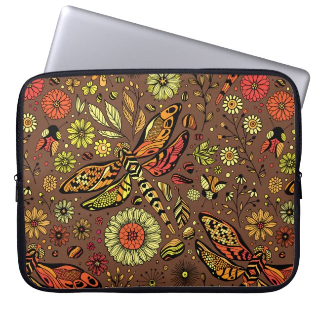 Fly, fly dragonfly on cinnamon brown laptop sleeve (Front)